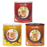 Chaizup Premium 1 Min Instant Assorted Tea Combo - Pack Of 3 X 500gm Cans, 17.6 Ounce Each | Masala + Saffron + Ginger Flavors - Just Add Hot Water | Low Caffeine, No Added Color - Home Like Tea